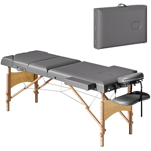 HOMCOM Tragbare klappbare Massagetisch Professionelle 3-Zonen-Holz-Massagetisch mit Höhe, Rückenlehne, Beinauflage, verstellbare Kopfstütze, gepolsterte Armlehnen 215x60x64-89 cm Grau von HOMCOM