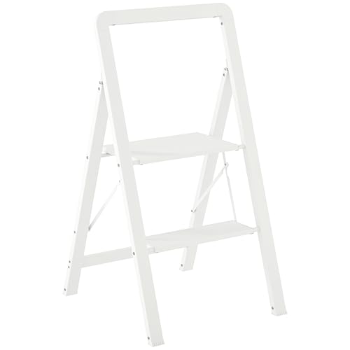 HOMCOM Trittleiter 2 Stufen klappbar Alu-Leiter mit Breitem Anti-Rutsch-Matten Tragbare Stehleiter bis 150 kg belastbar Klapptritt für Haushalt Büro Garage, Haushaltsleiter Weiß von HOMCOM