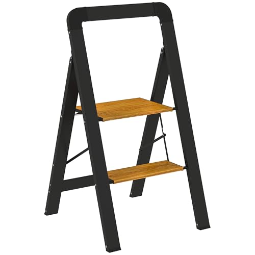 HOMCOM Trittleiter Klapptritt mit 2 Stufen Stehleiter mit Griff, rutschfeste Plattform bis 150 kg Belastbar Aluminium Schwarz 44,5 x 48 x 86,3 cm von HOMCOM