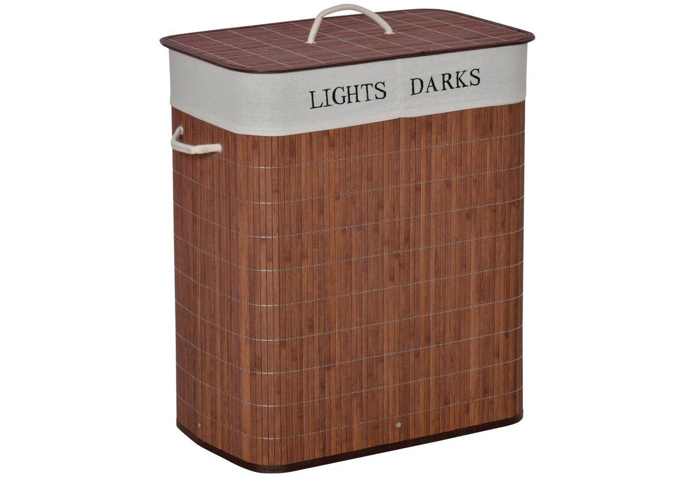 HOMCOM Wäschekorb 100L Wäschesammler mit 3 Griffe mit waschbarem Wäschesack (Wäschebox, 2 St., Wäschekorb), abnehmbar Bambus Polyester Baumwolle Metall Braun+Weiß 52 x 32 x 63 cm von HOMCOM