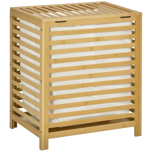 HOMCOM Wäschekorb Wäschetruhe 55L Wäschebox, Wäschesammler mit Deckel, Entnehmbarem Wäschesack, für Schlafzimmer, Bad, Bambus, 50 x 36 x 60 cm, Natur von HOMCOM