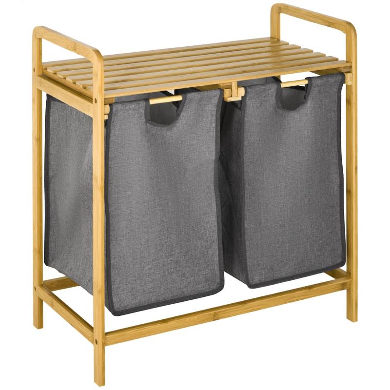 HOMCOM Wäschekorb mit 2 Abnehmbaren Wäschesäcke Bambus Grau 63,5 x 33 x 73 cm von HOMCOM