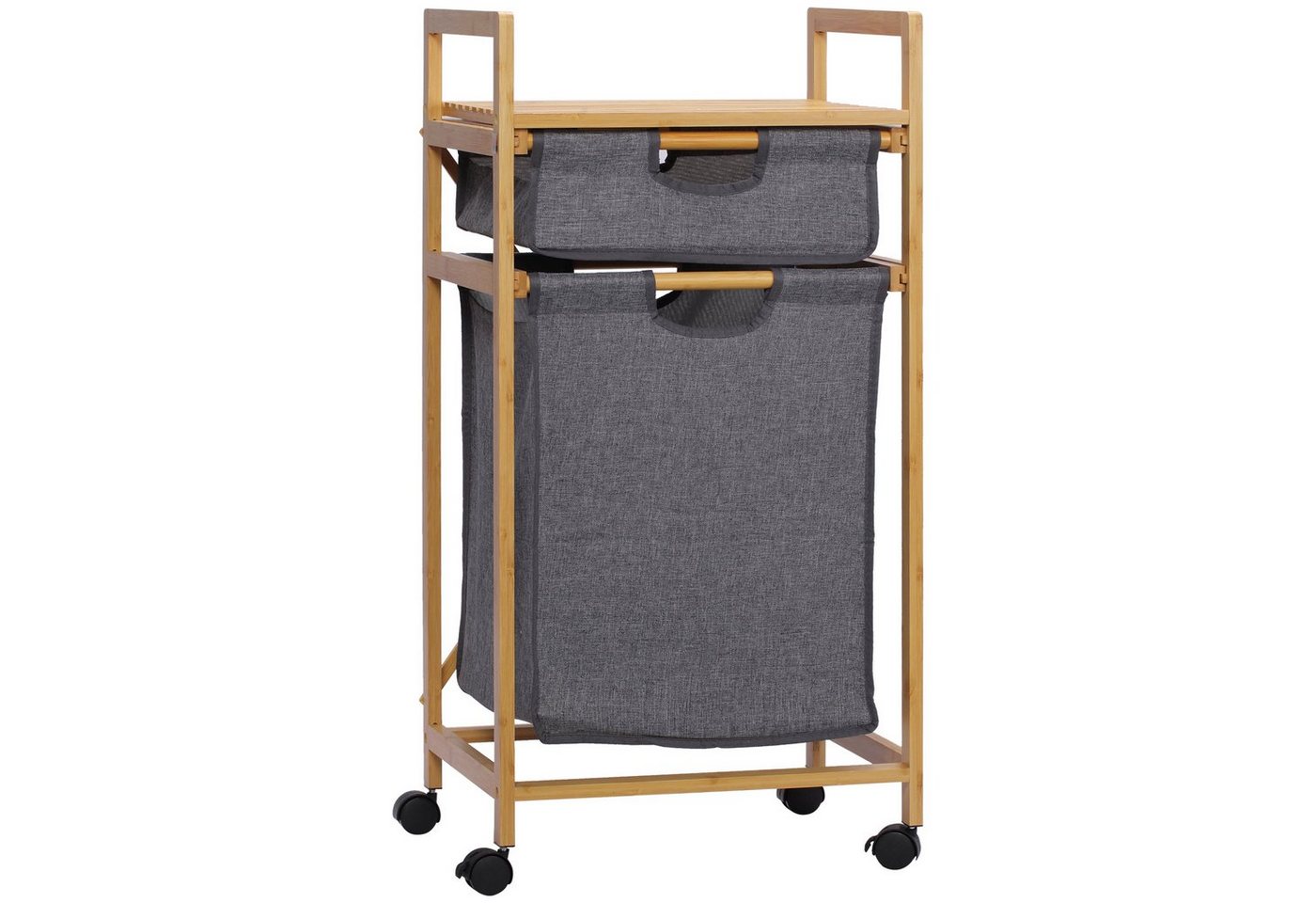 HOMCOM Wäschekorb mit 2 Stoffbeutel Wäschesack mit Rollen Aufbewahrungskorb (Wäschesammler, 1 St., Wäschebox), Bambus Naturholz+Grau 42 x 35 x 84,5 cm von HOMCOM
