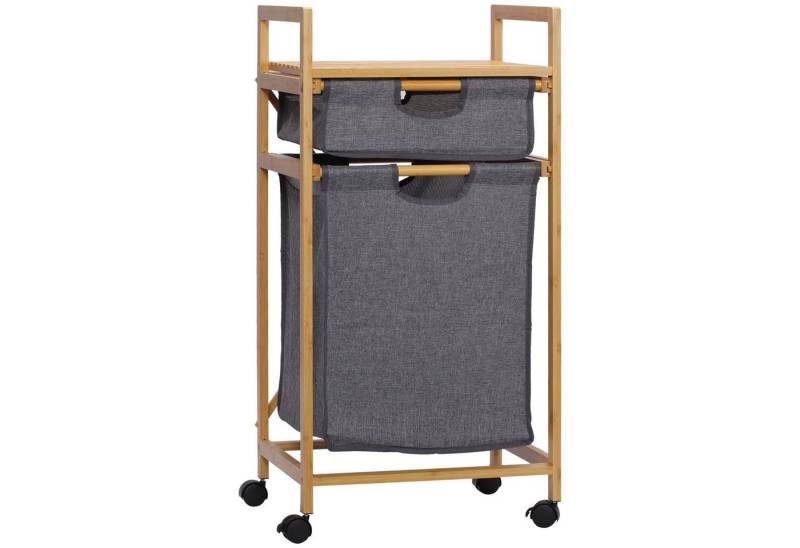 HOMCOM Wäschekorb mit 2 Stoffbeutel Wäschesack mit Rollen Aufbewahrungskorb (Wäschesammler, 1 St., Wäschebox), Bambus Naturholz+Grau 42 x 35 x 84,5 cm von HOMCOM