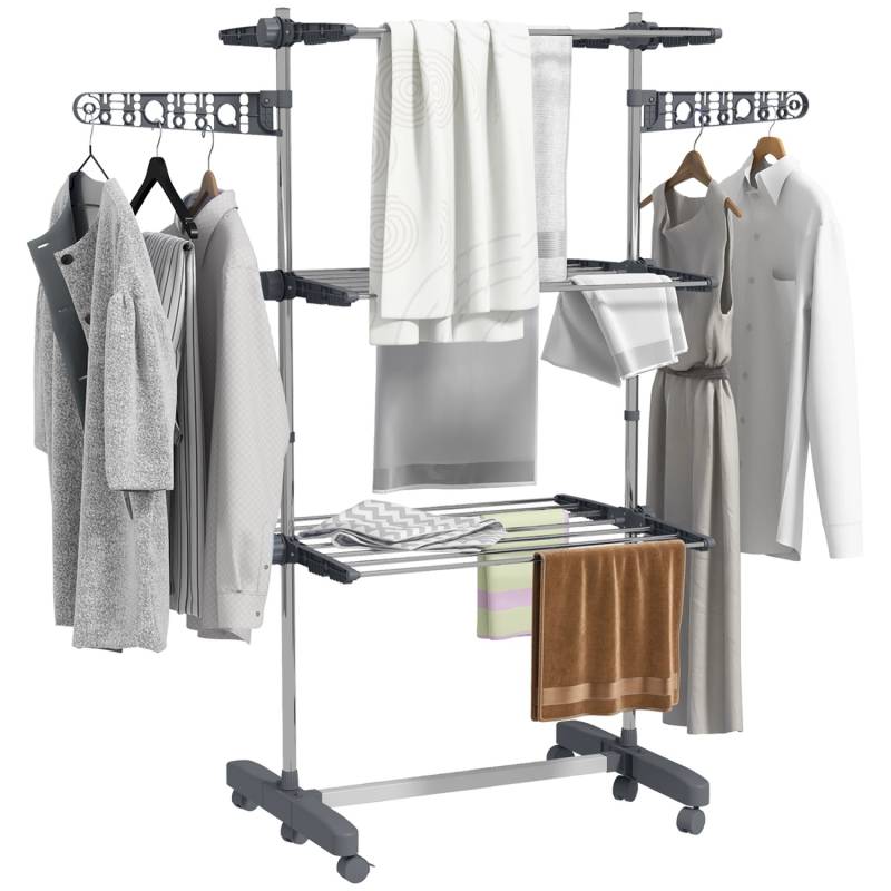 HOMCOM Wäschetrockner mit Rollen 3 Ebenen Klappbar Stahl Grau 142 x 55 x 152 cm von HOMCOM