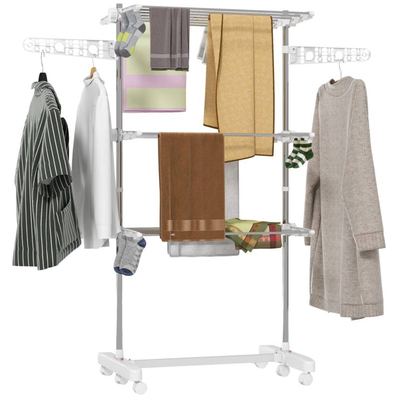 HOMCOM Wäschetrockner mit Rollen 3 Ebenen Klappbar Stahl Weiß 80/142 x 55 x152cm von HOMCOM