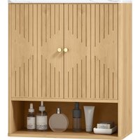 HOMCOM Wandmontierter Badezimmerschrank, Hängender Badezimmer-Wandschrank mit Offenem Regal und Dekorierten Türen, Marmorplatte, 60x18x70 cm, Eiche   Aosom von HOMCOM
