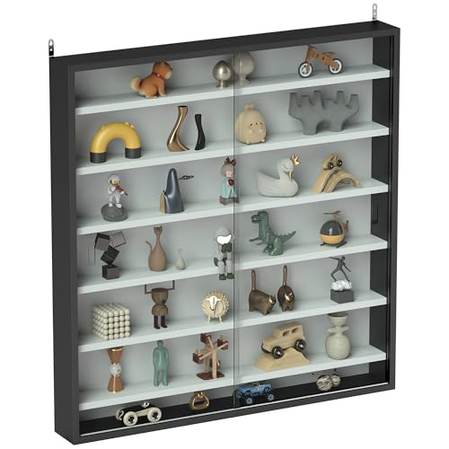 HOMCOM Wandvitrine mit 6 verstellbaren Einlegeböden, Sammlervitrine, Wandvitrine für Sammlerstücke, Glas und Spanplatte, 80x9,5x83 cm, Schwarz und Weiß von HOMCOM