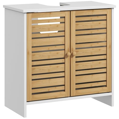 HOMCOM Waschbeckenunterschrank Badezimmermöbel 2 Türen mit verstellbarem Regal Aufbewahrungsschrank für Waschbecken 60 x 30 x 60 cm aus natürlichem und weißem Bambus von HOMCOM