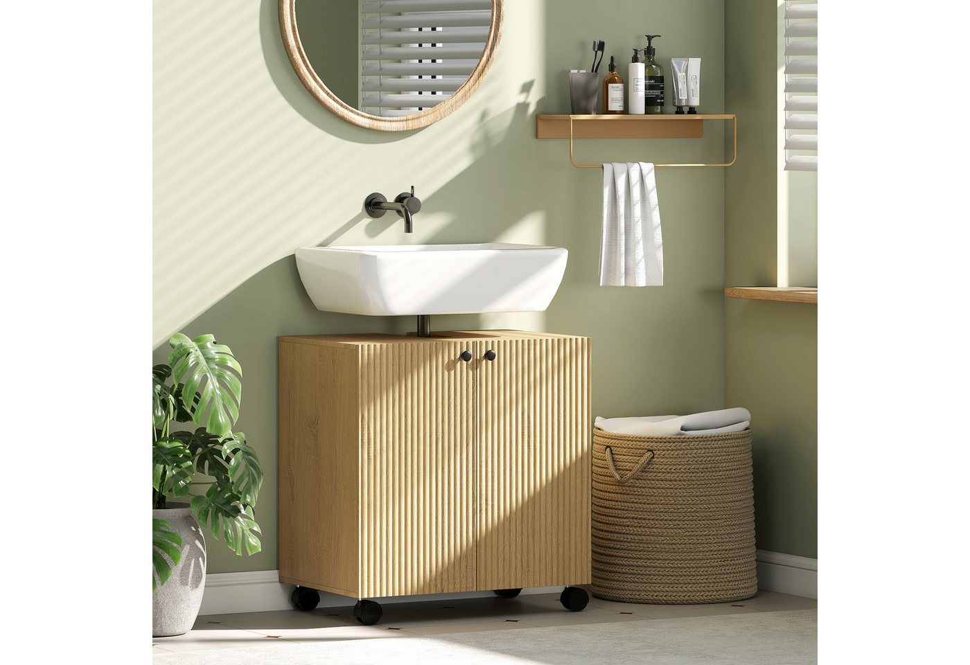 HOMCOM Waschbeckenunterschrank mit 2 Türen, einstellbarem Regal (Badezimmerschrank, 1-St., Unterschrank) für Badezimmer, Eiche von HOMCOM