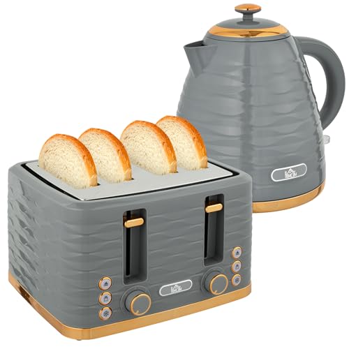 HOMCOM Wasserkocher Toaster Set Frühstück-Set mit 1,7L Wasserkocher, 4 Scheiben Toaster, 2200 W, 7 Bräunungsstufen, Auftauen, Aufwärmen und Krümelfach, Otter Thermostat, Grau HOMCOM Wasserkocher Toaster Set Frühstück-Set mit 1,7L Wasserkocher, 4 Scheiben Toaster, 2200 W, 7 Bräunungsstufen, Auftauen, Aufwärmen und Krümelfach, Otter Thermostat, Grau von HOMCOM