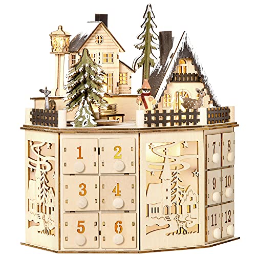HOMCOM Weihnachts-Adventskalender mit 24 Zugkästen Weihnachtskalender mit LED-Lichtern Adventskalenderbox Sperrholz-Platte Naturholz 25 x 20 x 29 cm von HOMCOM