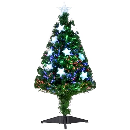 HOMCOM Weihnachtsbaum 0,9 m Christbaum Kunsttanne 90 Äste mit LED-Lichtern Anti-Rutsch-Pads zerlegbar Glasfaser-Farbwechsler PVC Metall Grün 45 x 45 x 90 cm von HOMCOM