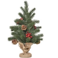 HOMCOM Weihnachtsbaum 50 cm mit 4 roten Beeren und 4 Tannenzapfen Kunsttanne 55 Zweige Stabiler und haltbarer Sockel PE Zement Sackleinen Ø28 x 50 cm von HOMCOM