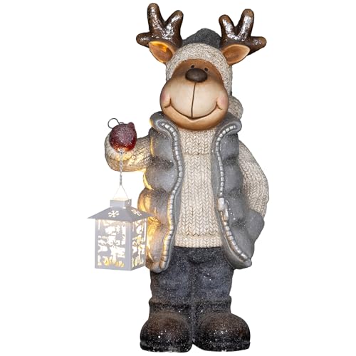 HOMCOM Weihnachtsdeko Figur, Rentier mit Laterne, 52 cm Weihnachtsfigur mit LED-Licht, Dekofigur zu Weihnachten, für In- und Outdoor, Metall von HOMCOM