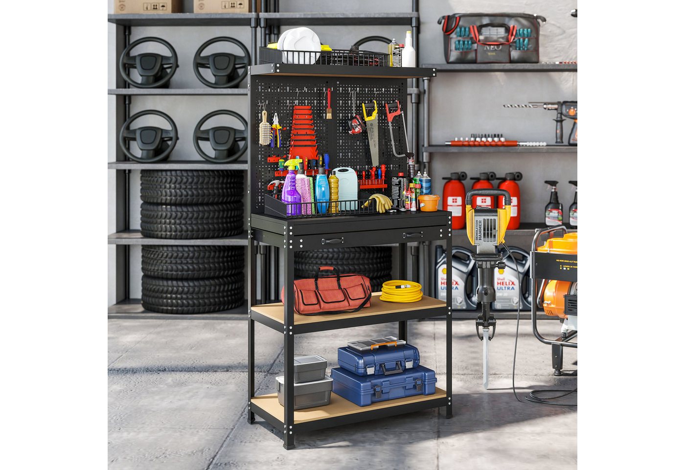 HOMCOM Werkstatt-Set mit Regale, Schublade, (Werkstatteinrichtung, 1-tlg), für Garage, Werkstatt, Schwarz von HOMCOM