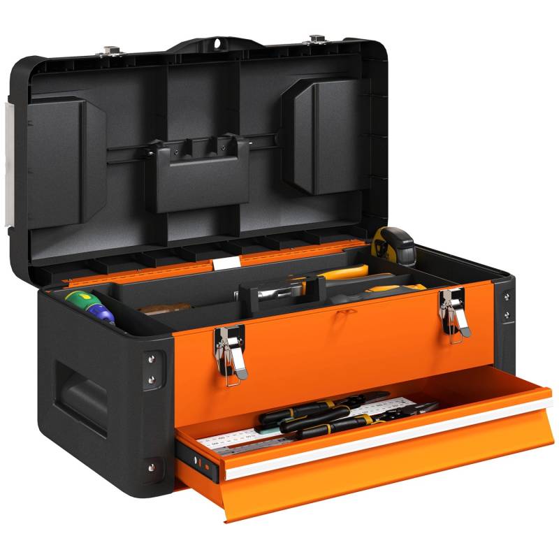 HOMCOM Werkzeugkiste Leer 49 x 25 x 23 cm Werkzeugkasten mit Schublade von HOMCOM