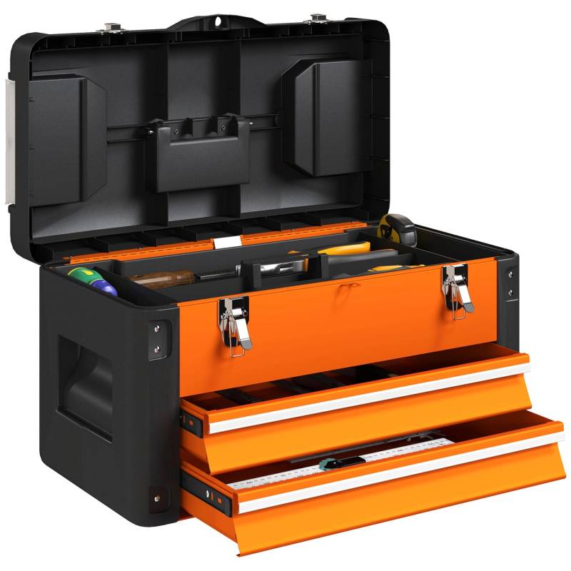 HOMCOM Werkzeugkiste Leer 49 x 25 x 28 cm Werkzeugkasten mit Schublade von HOMCOM