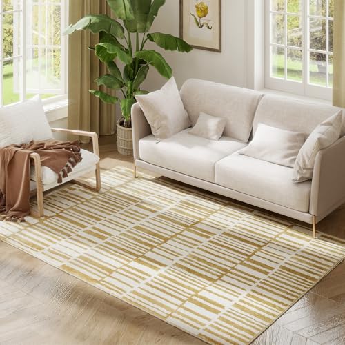 HOMCOM Wohnzimmerteppich, 170 x 120 cm, maschinenwaschbar, kurzer Flor, moderner Stil, für Wohnzimmer, Schlafzimmer, Esszimmer, cremefarben von HOMCOM