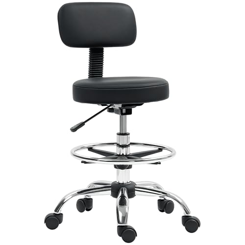 HOMCOM Zeichenstuhl, Bürostuhl mit Rückenlehne und Verstellbarer Fußstütze, höhenverstellbarer Hocker, Leder gepolsterter Rollstuhl für Home Office, Schwarz von HOMCOM