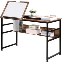 HOMCOM Zeichentisch mit neigbarer Platte Industrie-Design Computertisch - klappbares Plateau, Regal - Spanplatten mit altem Holzdekor und schwarzem Metall   Aosom von HOMCOM