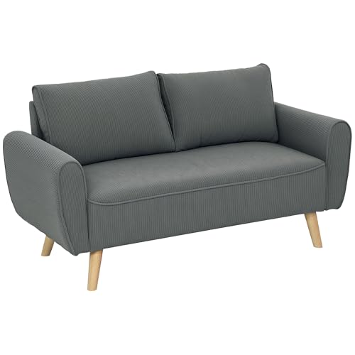 HOMCOM Zweisitzer Sofa mit 2 Kissen, Polstersofa mit 54cm extra tiefen Sitzen, Doppelsofa aus Cord, klein Sofa mit Holzrahmen 2er Couch für Wohnzimmer Schlafzimmer Büro, 145 x 75 x 78 cm, Dunkelgrau von HOMCOM