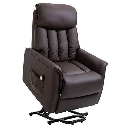 HOMCOM Relaxsessel Elektrisch Fernsehsessel mit Aufstehhilfe, Liegefunktion, TV Sessel mit Fußteil, Seitentasche, Fernbedienung, für Wohnzimmer, bis 150 kg, Kunstleder, Braun von HOMCOM