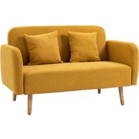 Doppelsofa Polsterung mit Kissen einstellbare Höhe der Fußrasten samtartiges Polyester Gummiholz Schaumstoff Natur+Gelb 130 x 70 x 80 cm - Natur+Gelb von HOMCOM