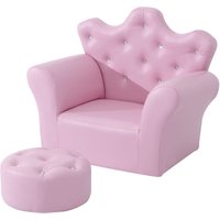 Kindersofa mit Ottomane Kindersessel Prinzessinnen Sofa Kindercouch in Kronenform Softsofa mit Kristallknöpfen ab 3 Jahren Hocker Rosa 58 x 40,5 x 49 von HOMCOM