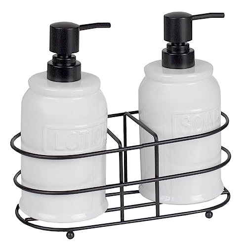 Home Basics 3-teiliger Spender aus glasierter Keramik mit Zwei Fächern für Flüssigseife, Lotion, Shampoo, ätherische Öle, Weiß von HOME BASICS
