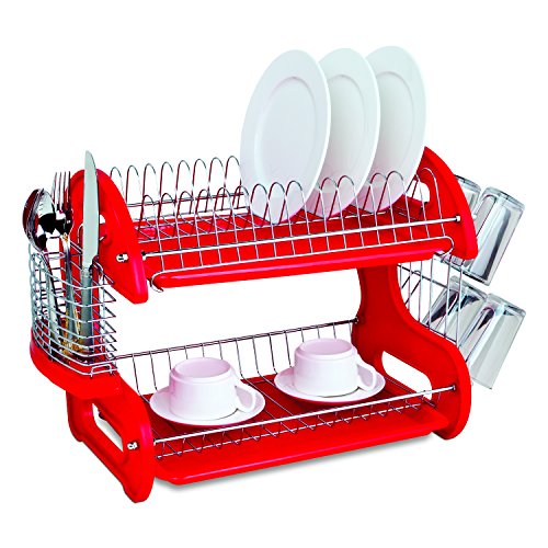 HOME BASICS Abtropfgestell mit 2 Etagen, (rot) Geschirrständer für Küchentheke, mit Besteckhalter und Becherschlitzen von HOME BASICS