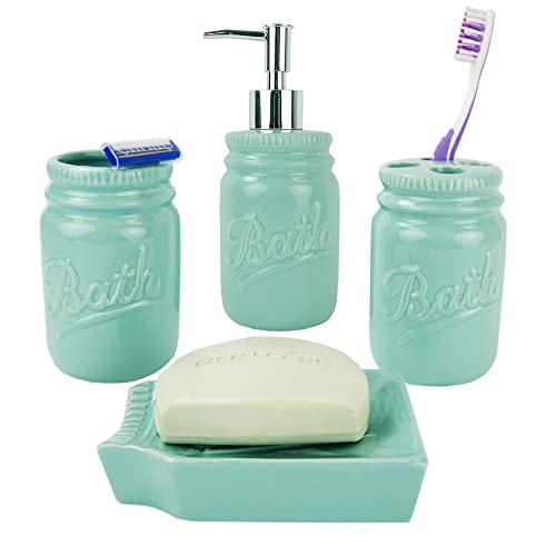 HOME BASICS Gift Beautiful Rose 4 Pcs Dolomite Mason Jar Durable Bath Accessory Set-Decorative Lotion Dispenser/Dish/Tumbler/Toothbrush Holder Decorating Idea, Mint von HOME BASICS