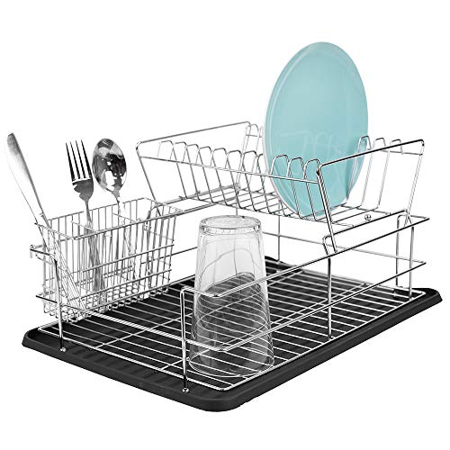 Home Basics Abtropfgestell für die Küchenspüle, 2-stöckig, für Geschirr, Abtropfbrett, Besteckhalter, passend für große Teller, Trocken- und Abtropfschale, Netzstoff von HOME BASICS