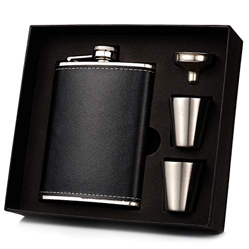 Flachmann 237 ml für Likör für Camping und Wandern, mit Leder überzogener 304 Edelstahl Tasche Whiskyflasche, Geschenkset mit Schnapsgläsern und Trichter für Männer und Frauen von HOME COMPOSER