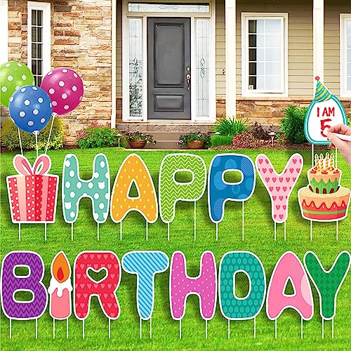 HOME COMPOSER 16 Stück Happy Birthday HofSchilder mit Pfählen – 38,1 cm bunte große Buchstaben Geburtstag Hof Rasen Dekorationen mit 3 echten Ballons und einem Whiteboard, von HOME COMPOSER
