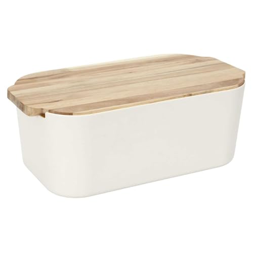 HOME DECO FACTORY, KA0356, Modern Bread Box with Acacia Wood lid, elegant Design, optimal Conservation, Practical Cutting Surface, airtight, 30x20 cm, White/Brown von HOME DECO FACTORY
