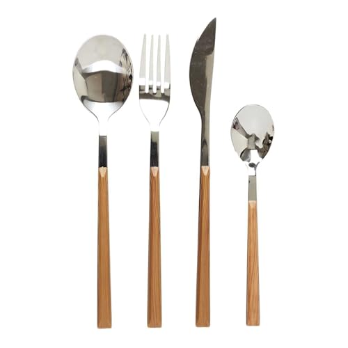 HOME DECO FACTORY KA5991 Besteckset mit 16-teiligem Besteck, Messer, Gabeln, Esslöffel und Kaffeelöffel, Metall, Edelstahl, Holzoptik, Grau und Braun, H24,5 x 5 x 16,5 cm von HOME DECO FACTORY