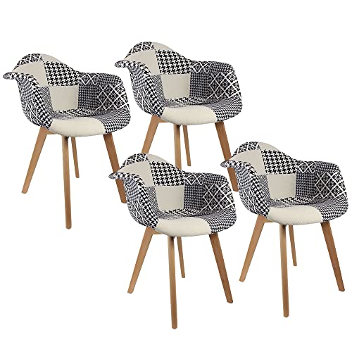 HOME DECO FACTORY, 4 Sessel, skandinavischer Stil, Patchwork-Stoff, geneigte Füße aus Gummibaumholz, weiche Sitzfläche, 62,50 x 84,5 x 64 cm, Sitzhöhe: 48 cm von HOME DECO FACTORY