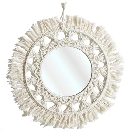 HOME DECO FACTORY, HD0216, D55 cm Wall Mirror with Boho chic Design, Perfect for Living Room or Bedroom, Combining Elegance and functionality, Easy to Install, beige Color von HOME DECO FACTORY