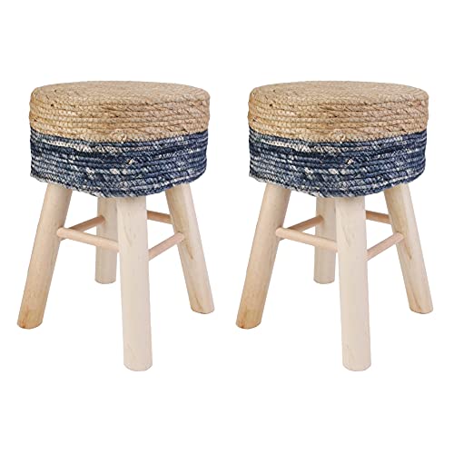 HOME DECO FACTORY HD6567 Lot de 2 Hocker Blue Lagoon Pin Polyester Contreplaqu' Textile-Jonc, Bois-Sable-Bleu, 29 x 29 x 43 cm von Home Deco Factory