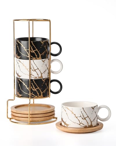 HOME DECOR Cappuccino Tassen Set - 4 x 160 ml Kaffeetassen mit Unterteller & Ständer - Edle Keramik Tassen für Espresso, Cappuccino und Latte - Marmor Kollektion von HOME DECOR