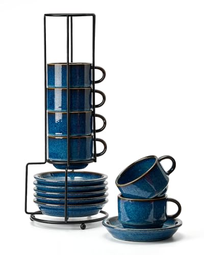 HOME DECOR Espressotassen Set - Reaktive Glasur Prozess - 6 x 140 ml Kaffeetassen mit Unterteller & Ständer - Edle Keramik Tassen für Espresso, Cappuccino und Latte - Reaktivglasurblau von HOME DECOR
