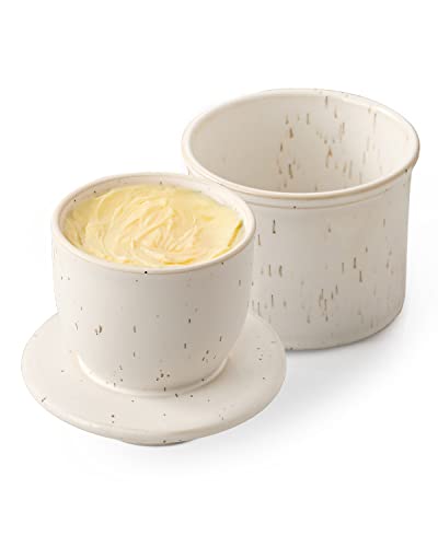 HOME DECOR Keramik Butterdose, französische Butterdose, butterglocke mit Deckel, für frische und streichfähige Butter - Gesprenkeltes Weiß von HOME DECOR