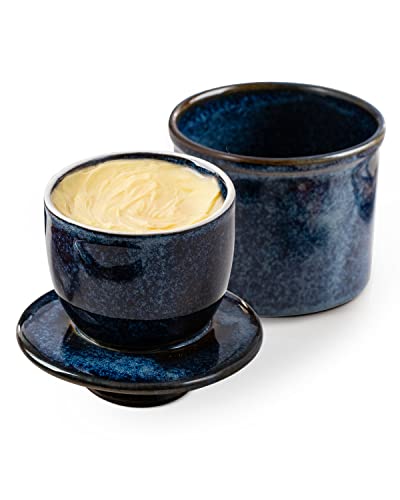 HOME DECOR Keramik Butterdose, französische Butterdose, butterglocke mit Deckel, für frische und streichfähige Butter - Reaktive Glasur Blau von HOME DECOR