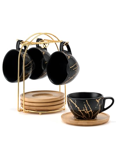 HOME DECOR Keramik Cappuccino Tassen 4er Set, 220ml stapelbare Cappuccino Tassen und Untertasse mit Metallständer für Kaffeeliebhaber, Cappuccino, Latte, Americano und Tee - Schwarz Golden von HOME DECOR
