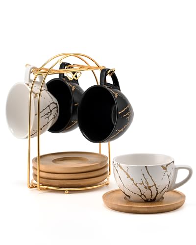 HOME DECOR Keramik Cappuccino Tassen 4er Set, 220ml stapelbare Cappuccino Tassen und Untertasse mit Metallständer für Kaffeeliebhaber, Cappuccino, Latte, Americano und Tee -Schwarz&Weiß von HOME DECOR