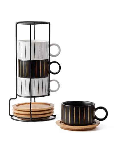 HOME DECOR Stapelbare Kaffeetasse aus Keramik, 180 ml Cappuccinotassen und Untertasse mit Metallständer für Espresso, Cappuccino und Latte Macchiato, 4er-Set, Stripe-Kollektion von HOME DECOR