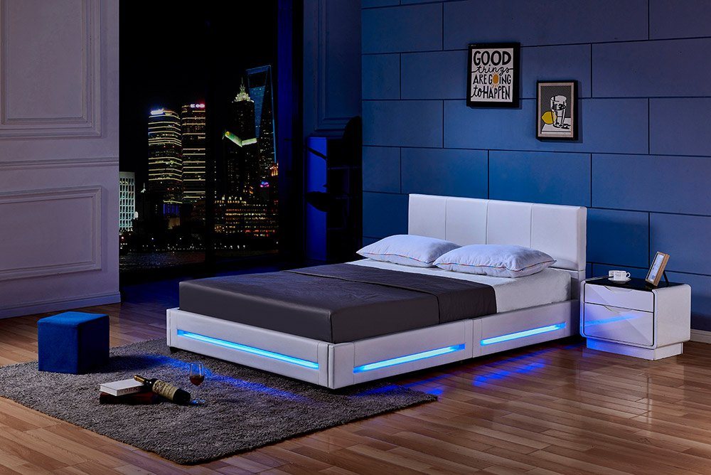 HOME DELUXE Bett LED Bett ASTEROID (Set, 2-tlg., inkl. Lattenrost & LED Beleuchtung), 140 x 200 cm gepolstertes Kopfteil, Polsterbett, Kunstlederbett von HOME DELUXE