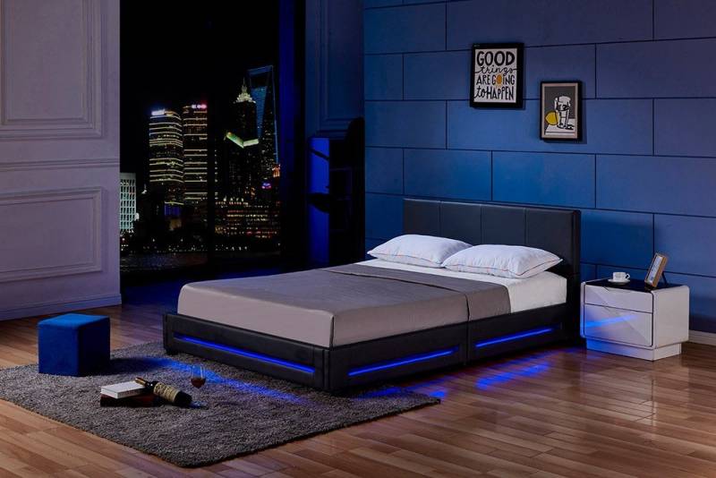 HOME DELUXE Bett LED Bett ASTEROID (Set, 3-tlg., inkl. Lattenrost, Matratze & LED Beleuchtung),  180 x 200 cm gepolstertes Kopfteil, Polsterbett, Kunstlederbett von HOME DELUXE