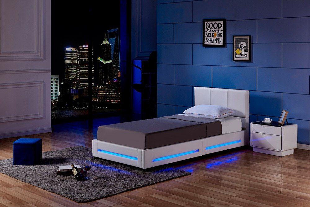HOME DELUXE Bett LED Bett ASTEROID (Set, 3-tlg., inkl. Lattenrost, Matratze & LED Beleuchtung), 90 x 200 cm gepolstertes Kopfteil, Polsterbett, Kunstlederbett von HOME DELUXE